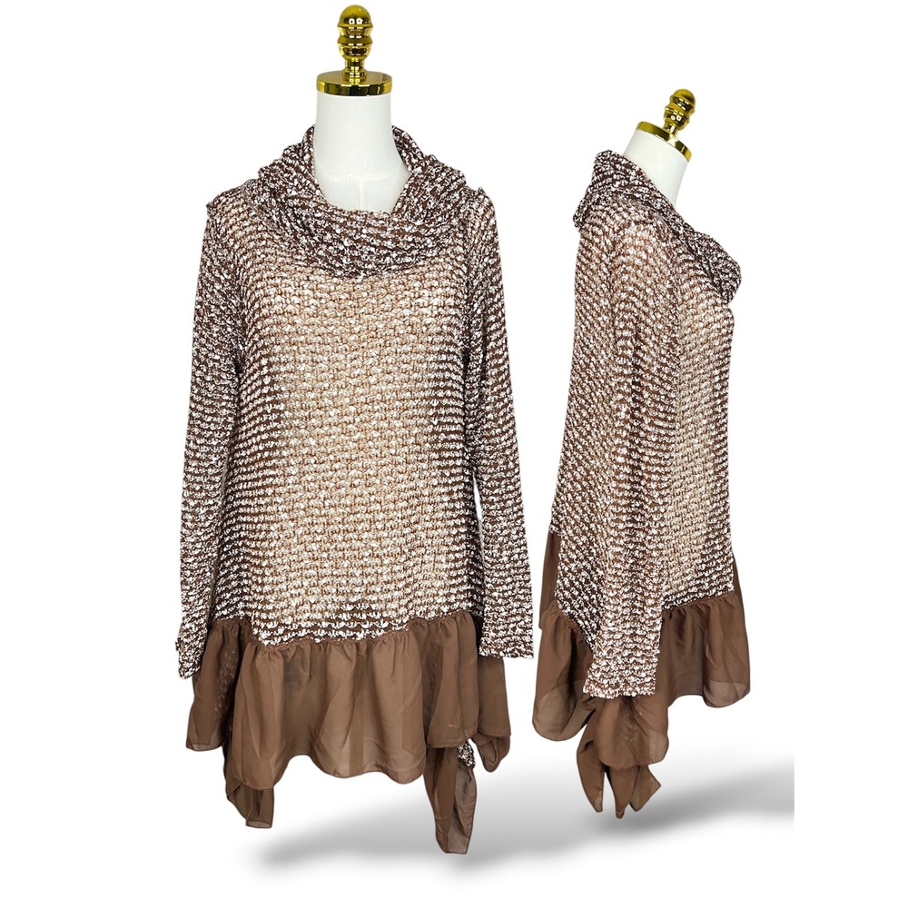 A'reve Womens Brown White Textured Knit Cowl Neck Chiffon Ruffle Hem Tunic Large